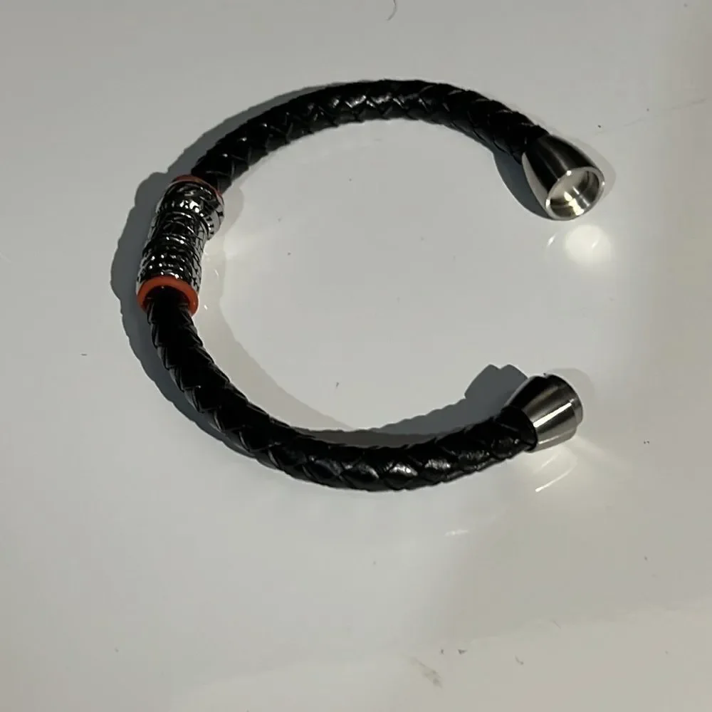 Braided Leather Bracelet Silver Tone & Red | Magnet Clasp